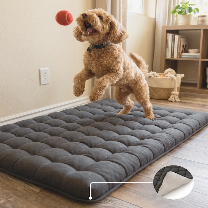 Happy active dog jumping on PawRelief orthopedic bed with non slip bottom.